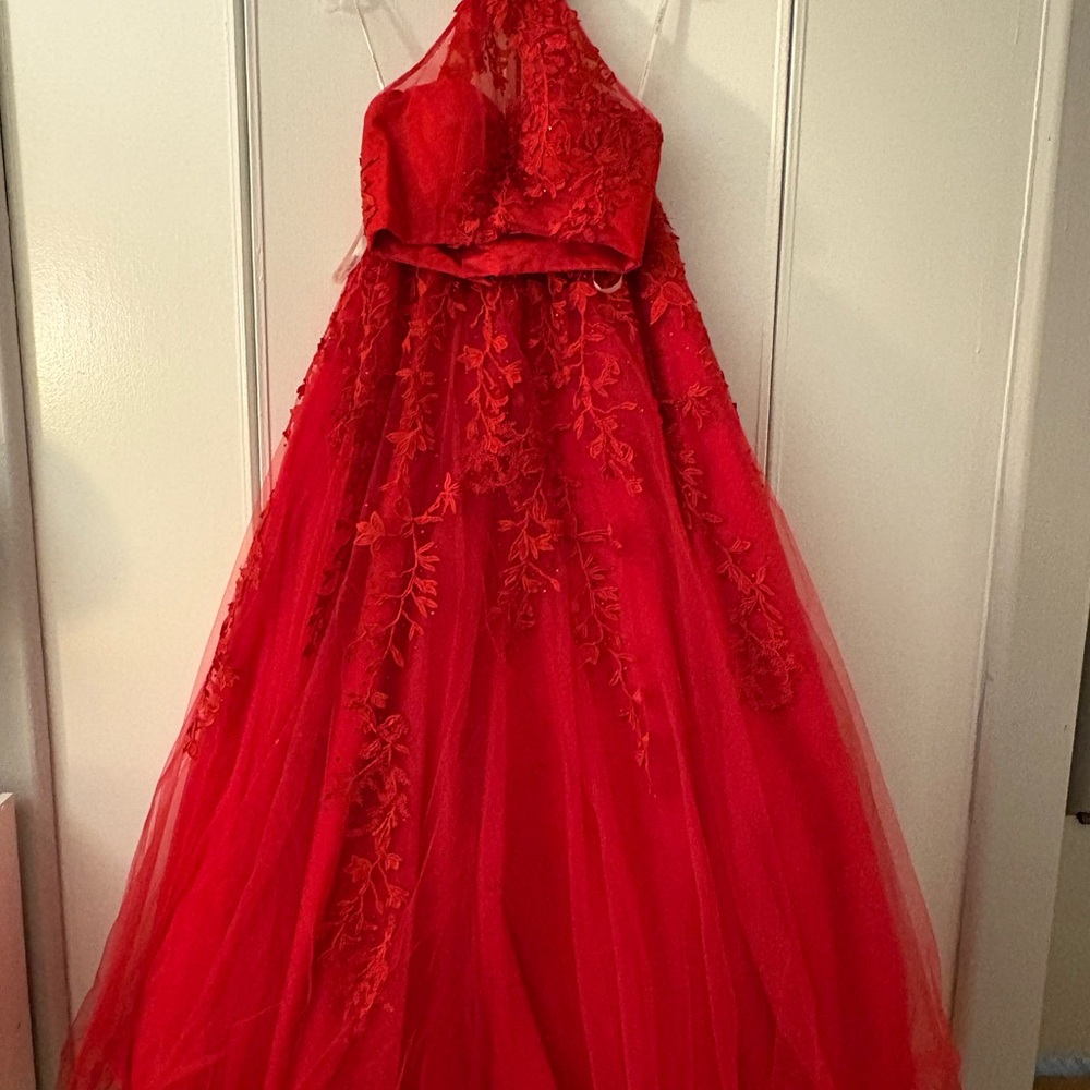 Sherri Hill #51925 Red Two Piece Halter Neck Beaded Detail Prom/ Sweet 16 Dress